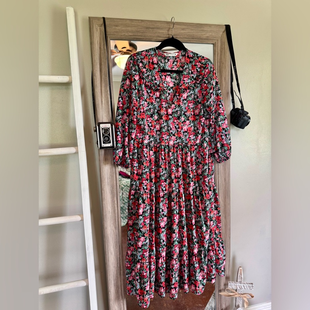 Zara Red and Black Pleated Sundress with Bishop Sleeves